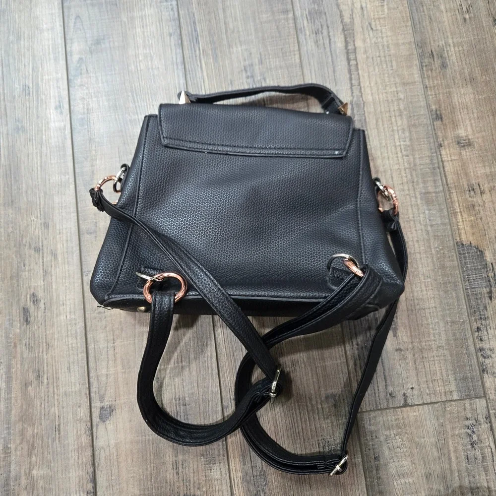 Black Pebbled Faux‎ Leather Convertible Backpack Satchel Rose Gold Ring Detail